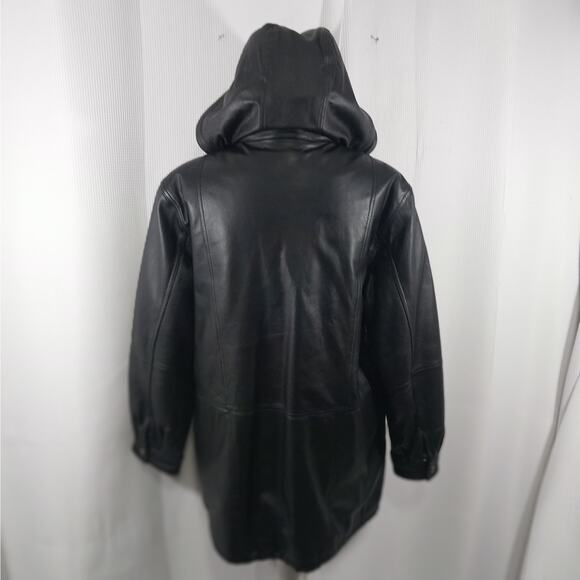 CHARLES KLEIN! CLASSIC BLACK GENUINE LEATHER PARKA STYLE ZIP OFF HOOD COAT! SZ L - Picture 9 of 13